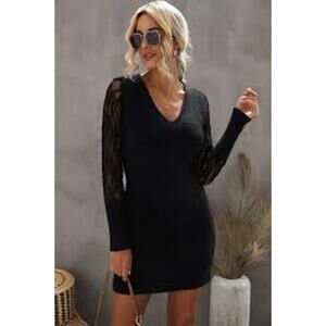 The CURATED CLOSET Lace Sleeve Sweater Dress in Black Size Small S